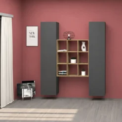 Parete Attrezzata Libreria per Soggiorno Antracite Opaco Rovere 170 cm