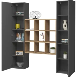 Parete Attrezzata Libreria per Soggiorno Antracite Opaco Rovere 170 cm