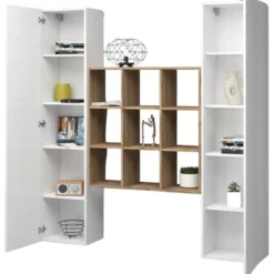 Parete Attrezzata Libreria Soggiorno Bianco Lucido Rovere 170 cm