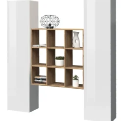 Parete Attrezzata Libreria Soggiorno Bianco Lucido Rovere 170 cm