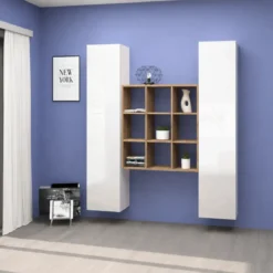 Parete Attrezzata Libreria Soggiorno Bianco Lucido Rovere 170 cm