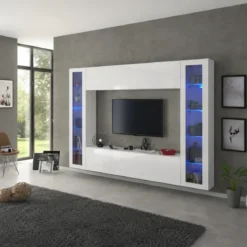 Parete Attrezzata per Soggiorno con 2 Vetrine Bianco Lucido Porta TV