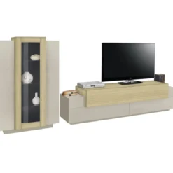 Parete Attrezzata Soggiorno 280 cm Porta TV Vetrina Legno Beige Rovere