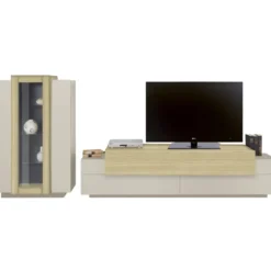 Parete Attrezzata Soggiorno 280 cm Porta TV Vetrina Legno Beige Rovere
