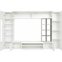 Parete Attrezzata TV Moderna 290 cm in Legno Bianco Lucido Cemento