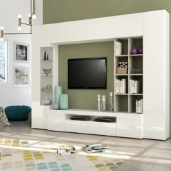 Parete Attrezzata TV Moderna 290 cm in Legno Bianco Lucido Cemento
