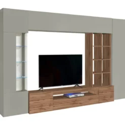 Parete Attrezzata TV Vetrina Pensili 290 cm in Legno Tortora Rovere