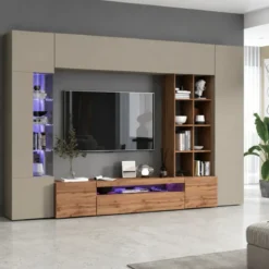 Parete Attrezzata TV Vetrina Pensili 290 cm in Legno Tortora Rovere