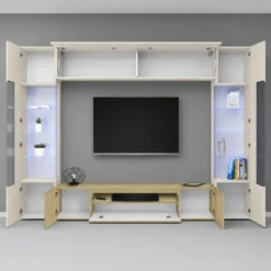 Parete Attrezzata 2 Vetrine Porta TV Libreria Beige Rovere Soggiorno