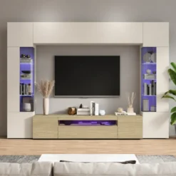 Parete Attrezzata 2 Vetrine Porta TV Libreria Beige Rovere Soggiorno