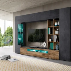 Parete da Soggiorno Mobile TV Vetrina Pensili 290 cm Ardesia Acero