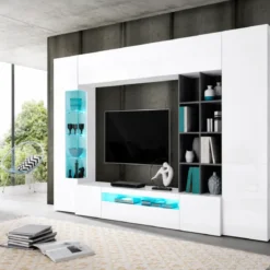 Parete da Soggiorno Mobile TV Vetrina Pensili 290 cm Bianco Report