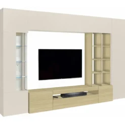 Parete Soggiorno Attrezzata Porta TV Vetrina Libreria Beige Rovere