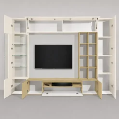 Parete Soggiorno Attrezzata Porta TV Vetrina Libreria Beige Rovere