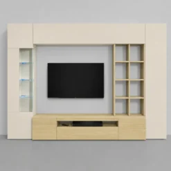 Parete Soggiorno Attrezzata Porta TV Vetrina Libreria Beige Rovere