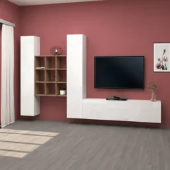 Parete Soggiorno Attrezzata 350 cm TV Colonne Libreria Bianco Rovere