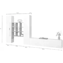 Parete Soggiorno Attrezzata 350 cm TV Colonne Libreria Bianco Rovere