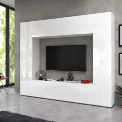 Parete Soggiorno Attrezzata Bianco Lucido Porta TV Pensile Vasistas