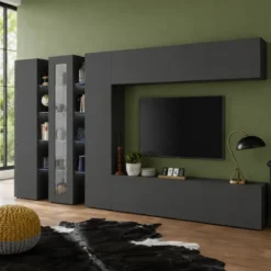 Parete Soggiorno Attrezzata Antracite Opaco Moderno Vetrina Porta TV