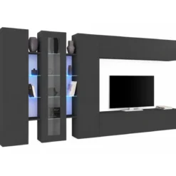 Parete Soggiorno Attrezzata Antracite Opaco Moderno Vetrina Porta TV