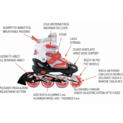 Pattini in Linea Bambini Regolabili 34-37 Rosso con Cuscinetti ABEC 7