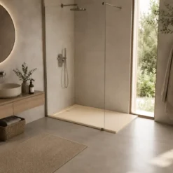 Piatto Doccia Slim Crema in Resina Marmo Effetto Pietra Filo Pavimento Angolare