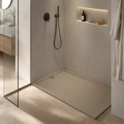 Piatto Doccia Slim Moka in Resina Marmo Effetto Pietra Filo Pavimento Moderno