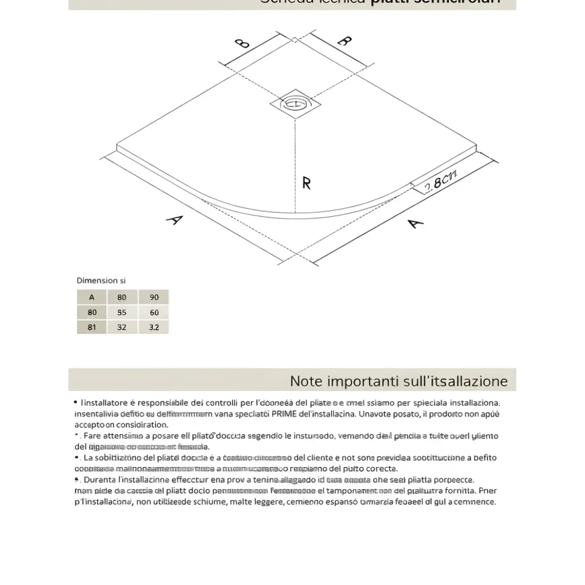 Piatto Doccia Slim Semicircolare 80x80 Pietra Nero 2.8cm Angolare Piletta