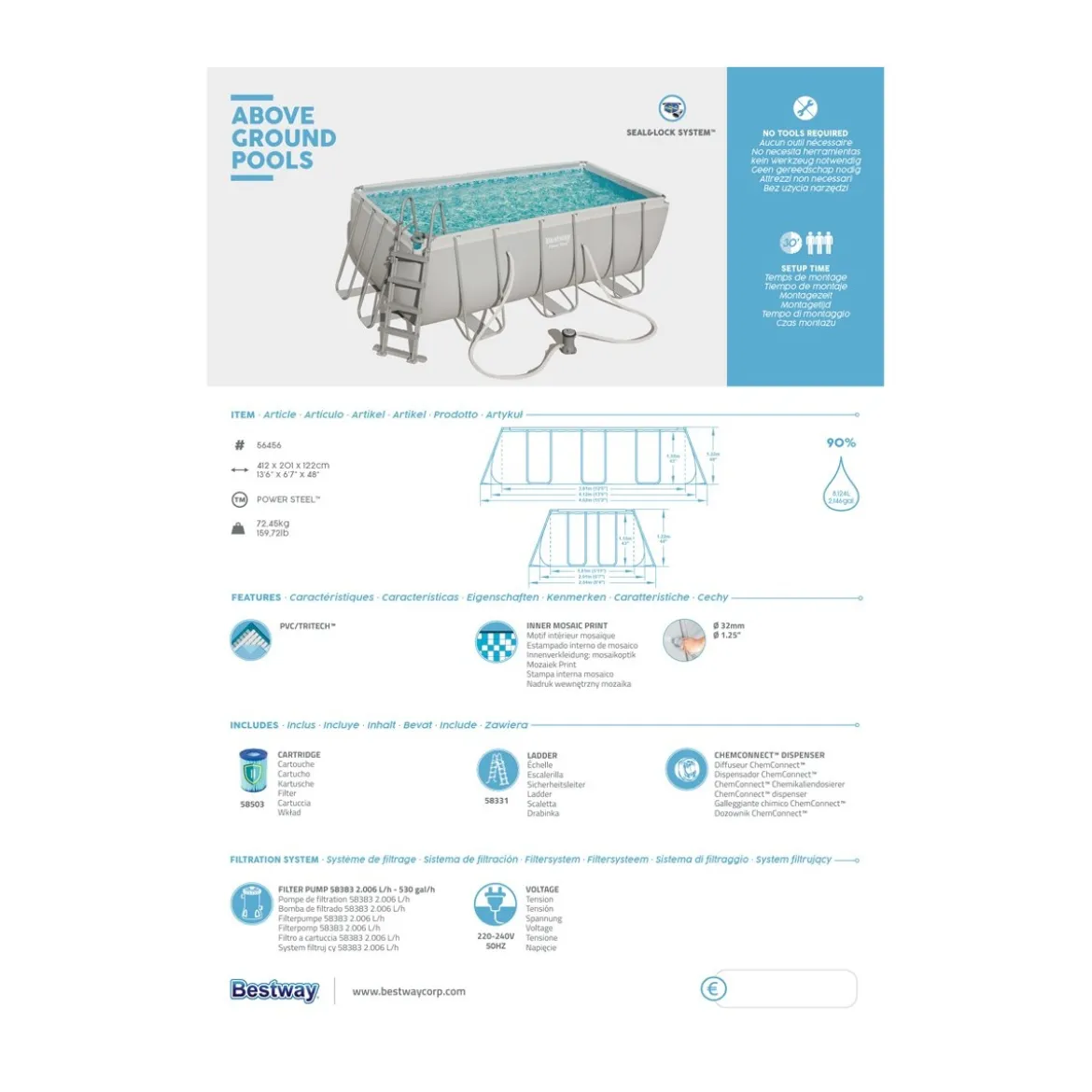 Piscina Fuoriterra Rettangolare 4x2 Frame con Scaletta Pompa Filtro a Cartuccia