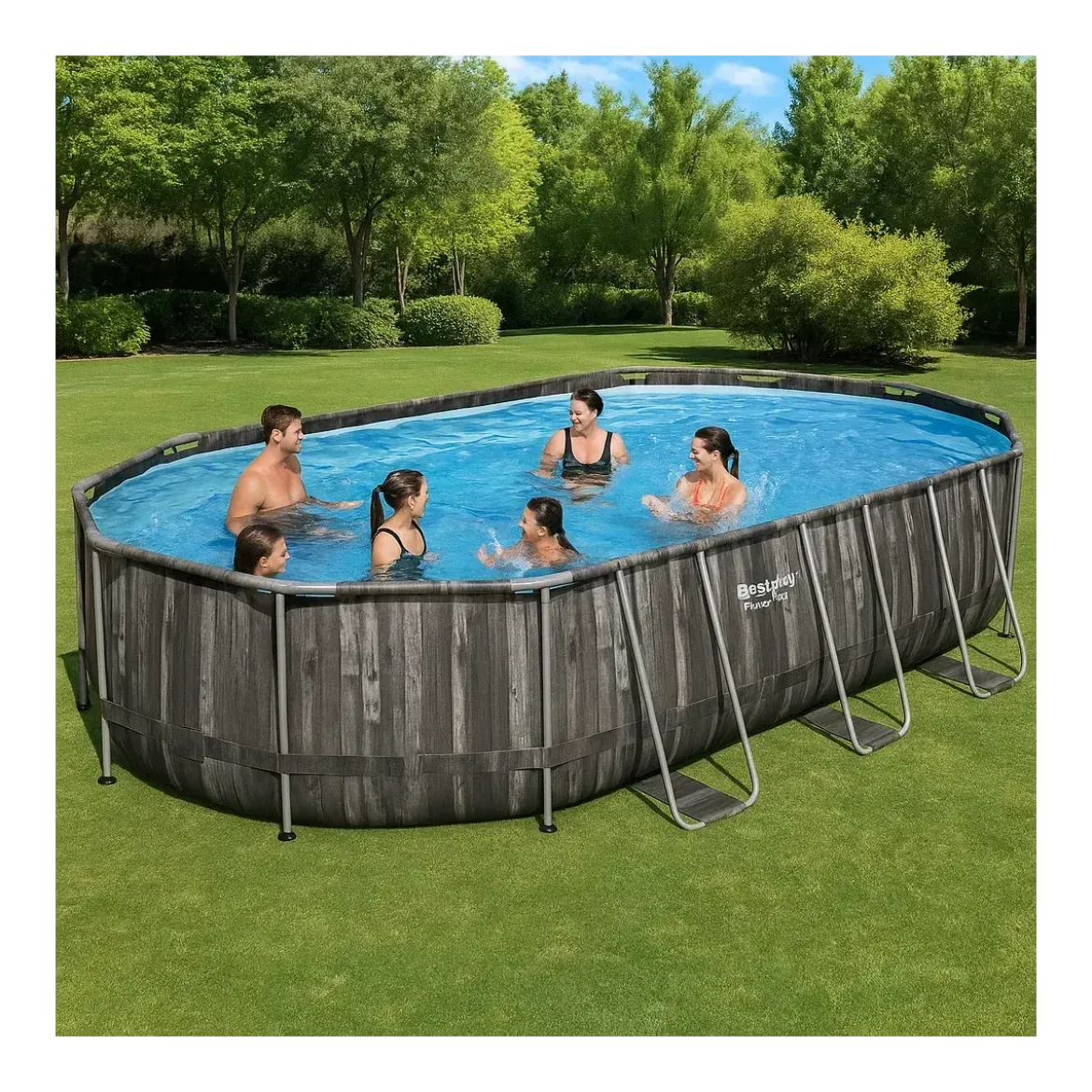 Piscina Ovale 610x366x122 cm Effetto Legno con Pompa Filtro e Accessori