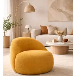 Poltrona Bouclé Senape Seduta Imbottita Moderna per Salotto Lounge