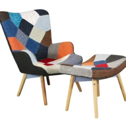 Poltrona con Poggiapiedi Patchwork Struttura in Acciaio Gambe in Legno