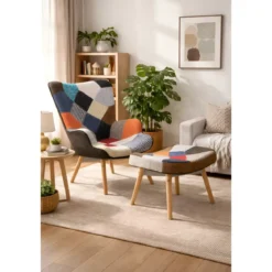 Poltrona con Poggiapiedi Patchwork Struttura in Acciaio Gambe in Legno