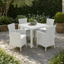 Poltrona da Giardino Terrazzo Bianco in Resina Rattan con Cuscino Grigio