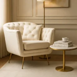 Poltrona Imbottita in Spugna Crema con Cuscino Gambe in Metallo