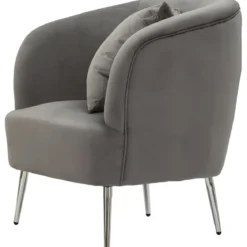 Poltrona Imbottita in Velluto Grigio con Cuscino Gambe in Metallo