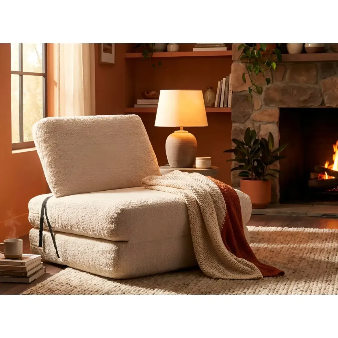 Poltrona Letto Bouclé Compressa Bianco Moderna per Salotto Camera