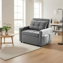 Poltrona Letto per Soggiorno Camera da Letto Tessuto Grigio Tasche Laterali