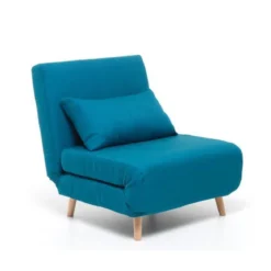 Poltrona Pronto Letto Singolo in Legno Tessuto Turchese Relax Sofa Chaise Longue