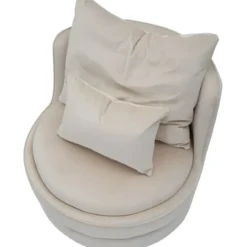 Poltrona Rotonda in Velluto Crema Finiture Oro Salotto Camera da Letto