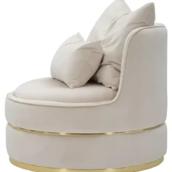 Poltrona Rotonda in Velluto Crema Finiture Oro Salotto Camera da Letto