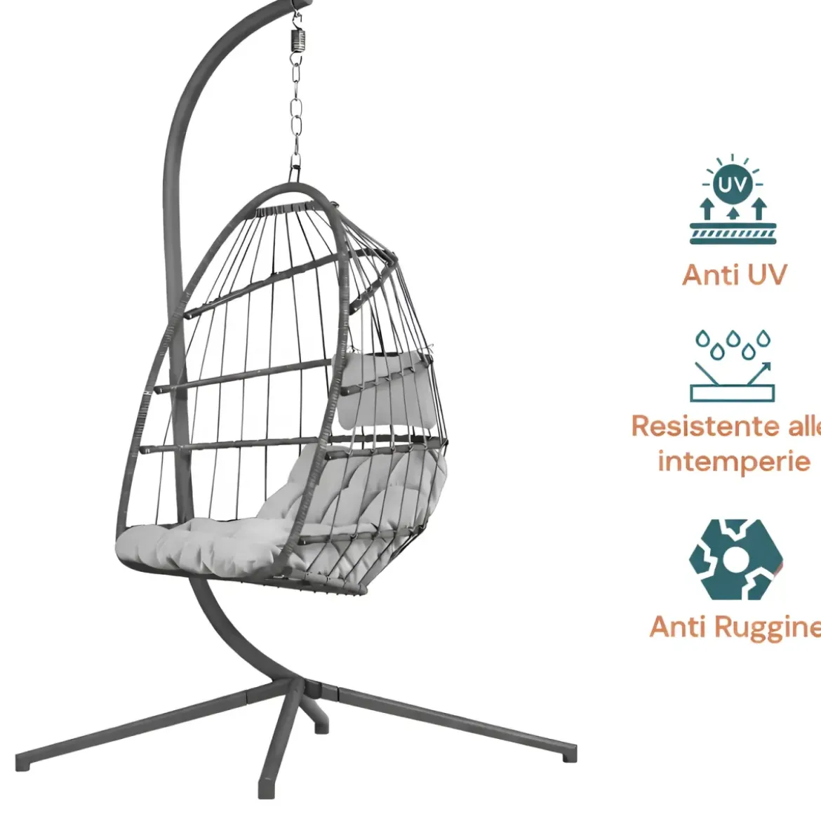 Poltrona Sospesa da Giardino Rattan 74x64x106 cm Struttura Acciaio Grigio
