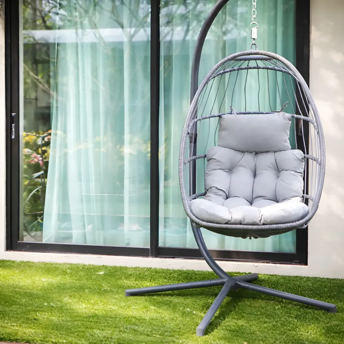Poltrona Sospesa da Giardino Rattan 74x64x106 cm Struttura Acciaio Grigio