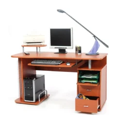 Porta Pc Ciliegio Scrivania in Legno Computer Salvaspazio con Mensola 2 Cassetti