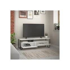 Porta TV in Legno Basso Bianco con Due Ante a Ribalta Piedi in Metallo Mobile
