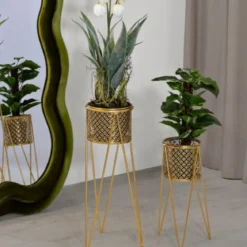 Portavasi Metallo Oro Set 2 Pz 46 e 32 cm Intagli Tondi Vasi Rimovibili