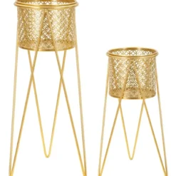 Portavasi Metallo Oro Set 2 Pz 46 e 32 cm Intagli Tondi Vasi Rimovibili