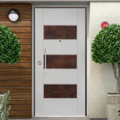 Portone Blindato per Esterno con Pannello Bianco e Inserti Corten