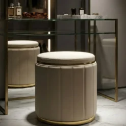 Pouf con Contenitore Similpelle Crema Oro Moderno Soggiorno Camera