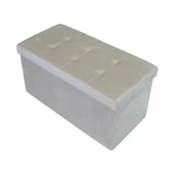Pouf Contenitore Poggiapiedi in Velluto Beige Rettangolare 76x38 cm